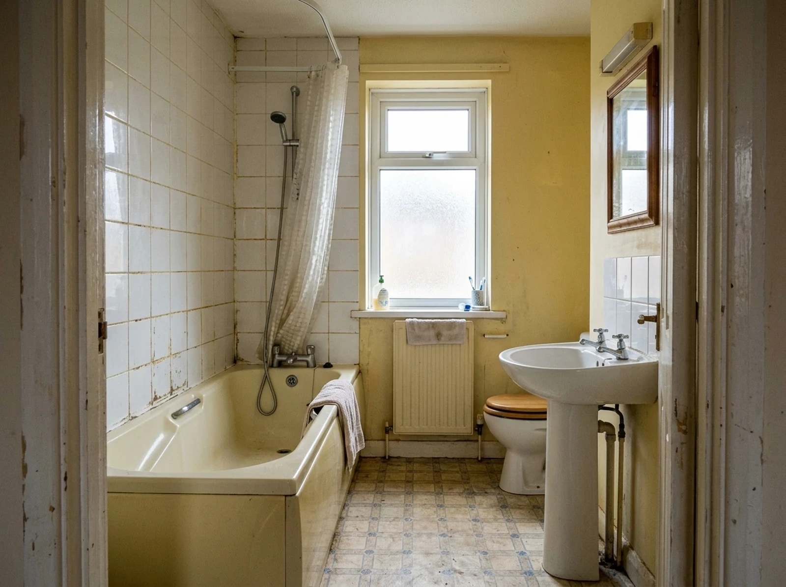 Tired 1990s bathroom in Stanwix before the wetroom conversion