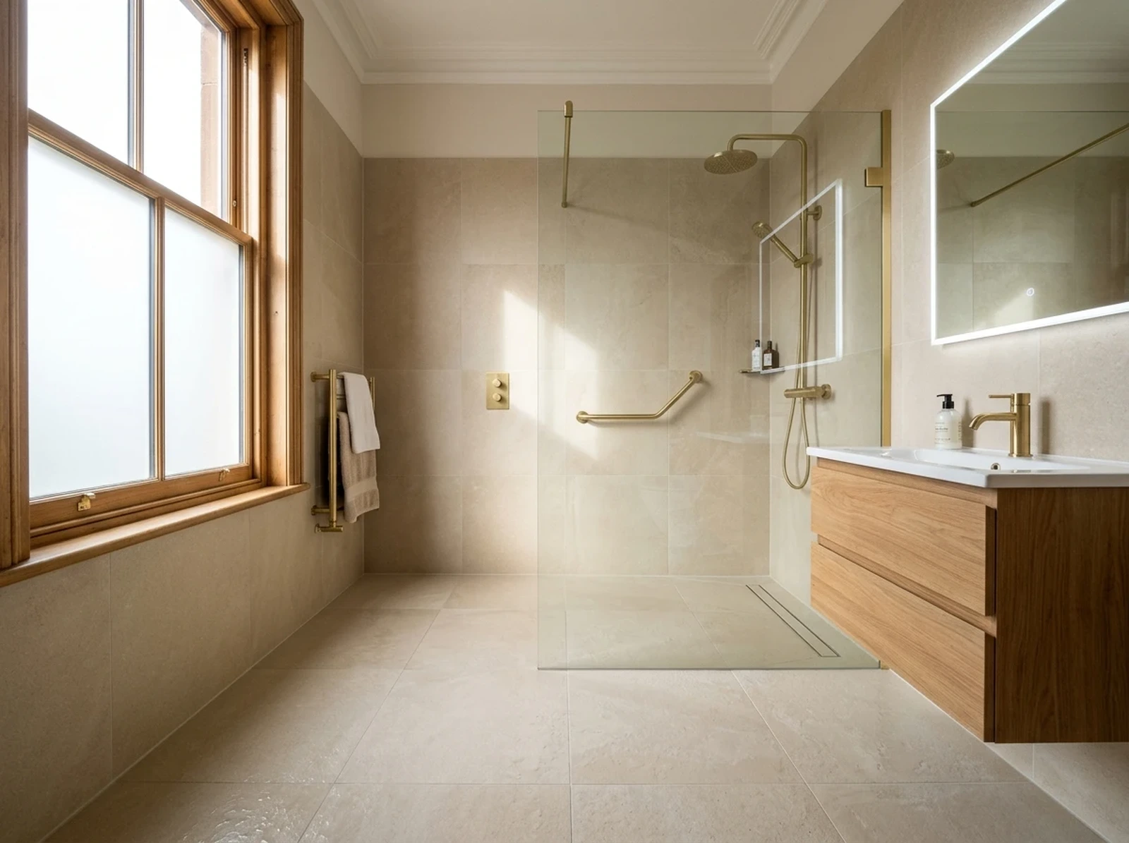 Finished level-access wetroom in a Stanwix Edwardian semi: honed limestone-effect porcelain on the floor and walls, frameless glass screen, brushed brass rainfall shower and grab rail, linear drain and a wall-hung oak vanity beside a sash window