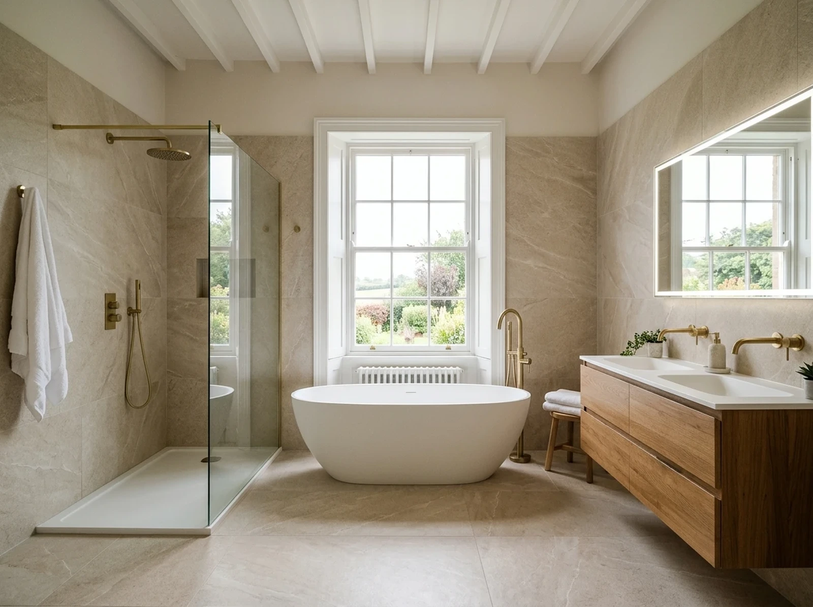 Wetheral family bathroom with a white double-ended freestanding bath beneath a sash window, a floor-standing brushed brass filler, a frameless walk-in rainfall shower and a twin-basin warm oak vanity