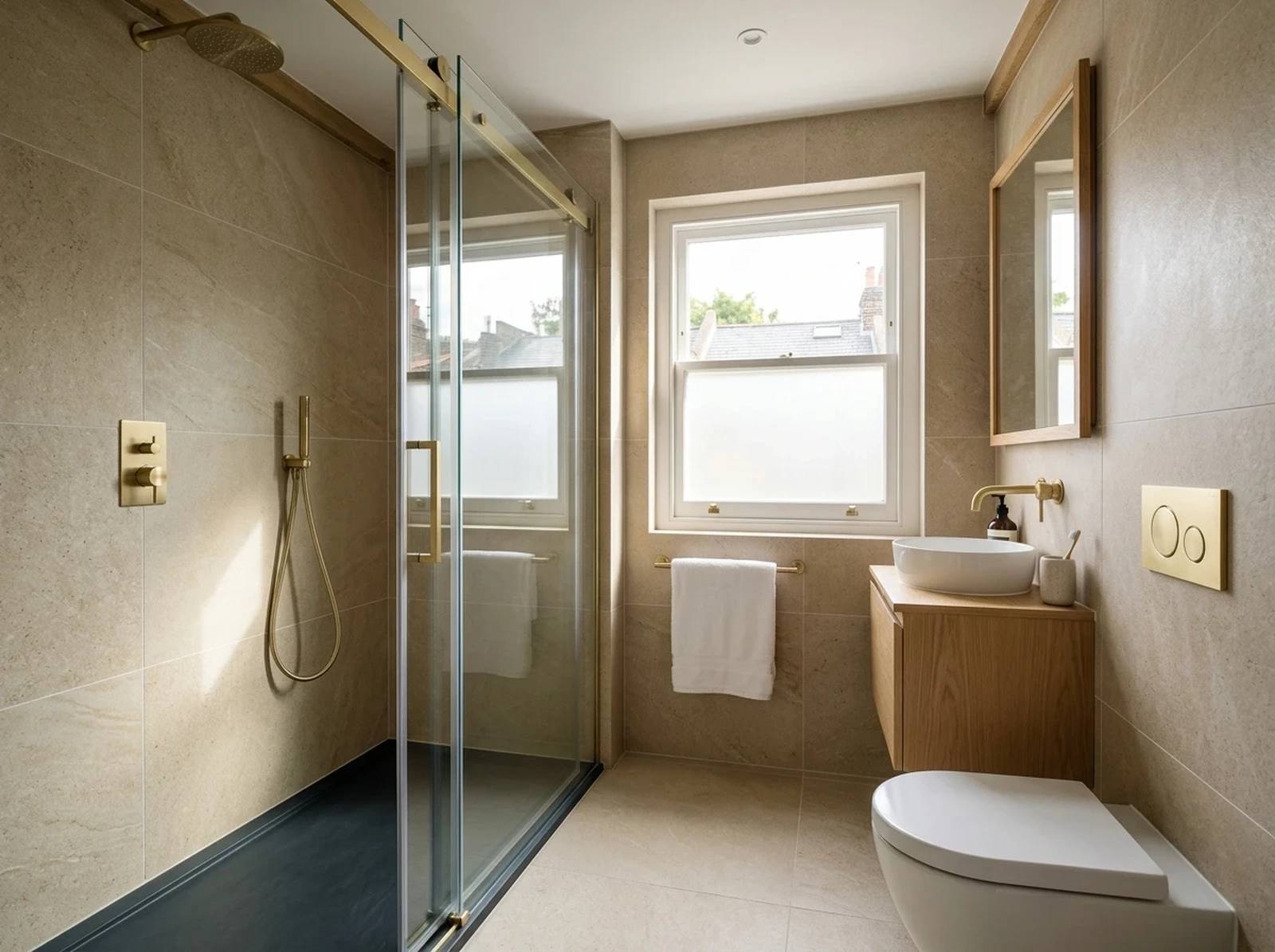 Rebuilt Dalston en-suite with a low-profile dark stone resin shower tray, a brass-framed sliding glass screen, a wall-hung WC with a brushed brass flush plate and a slimline oak basin unit beneath a sash window