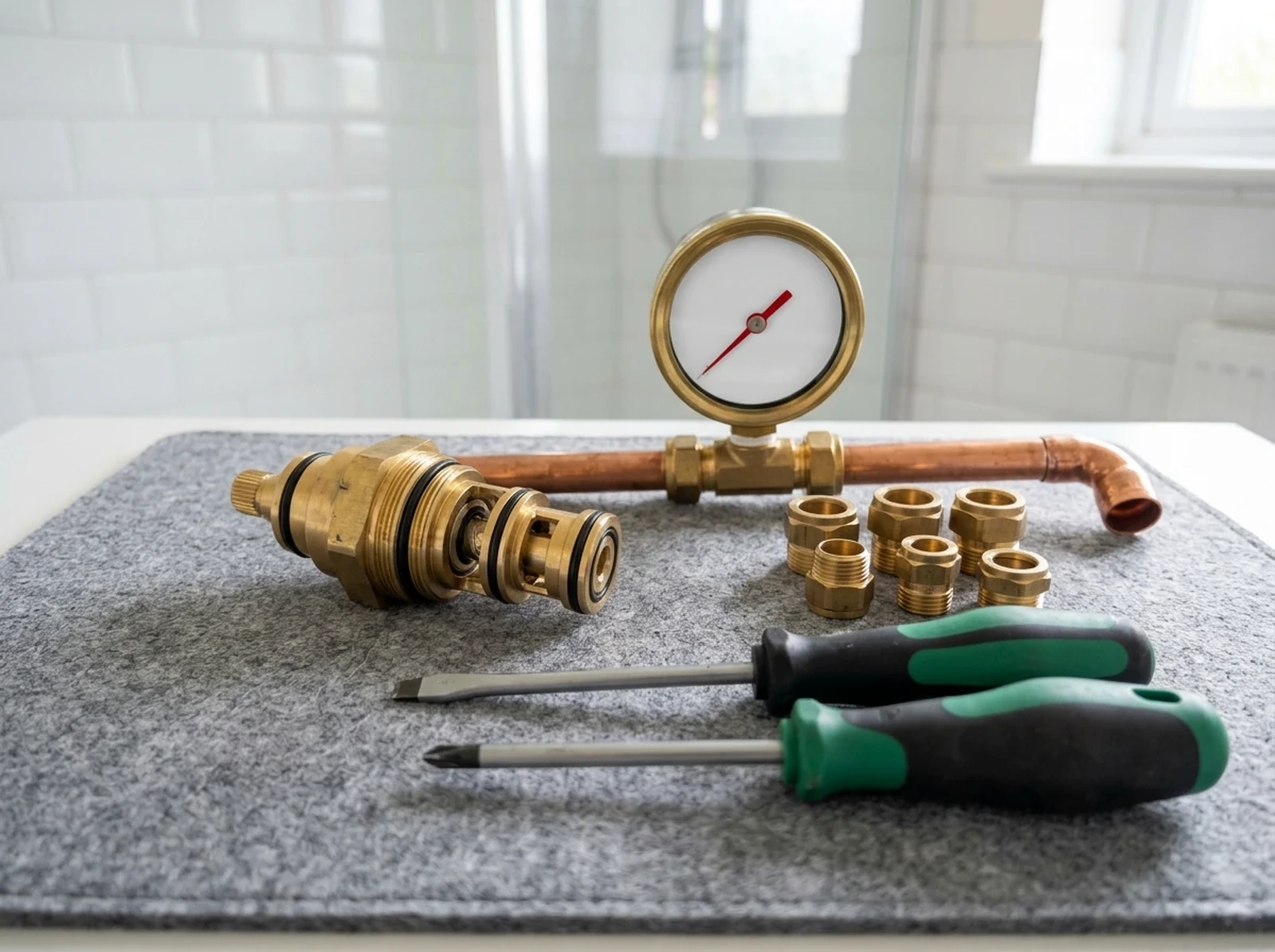 Thermostatic shower valve opened up for diagnosis, with a replacement cartridge and tools laid out ready