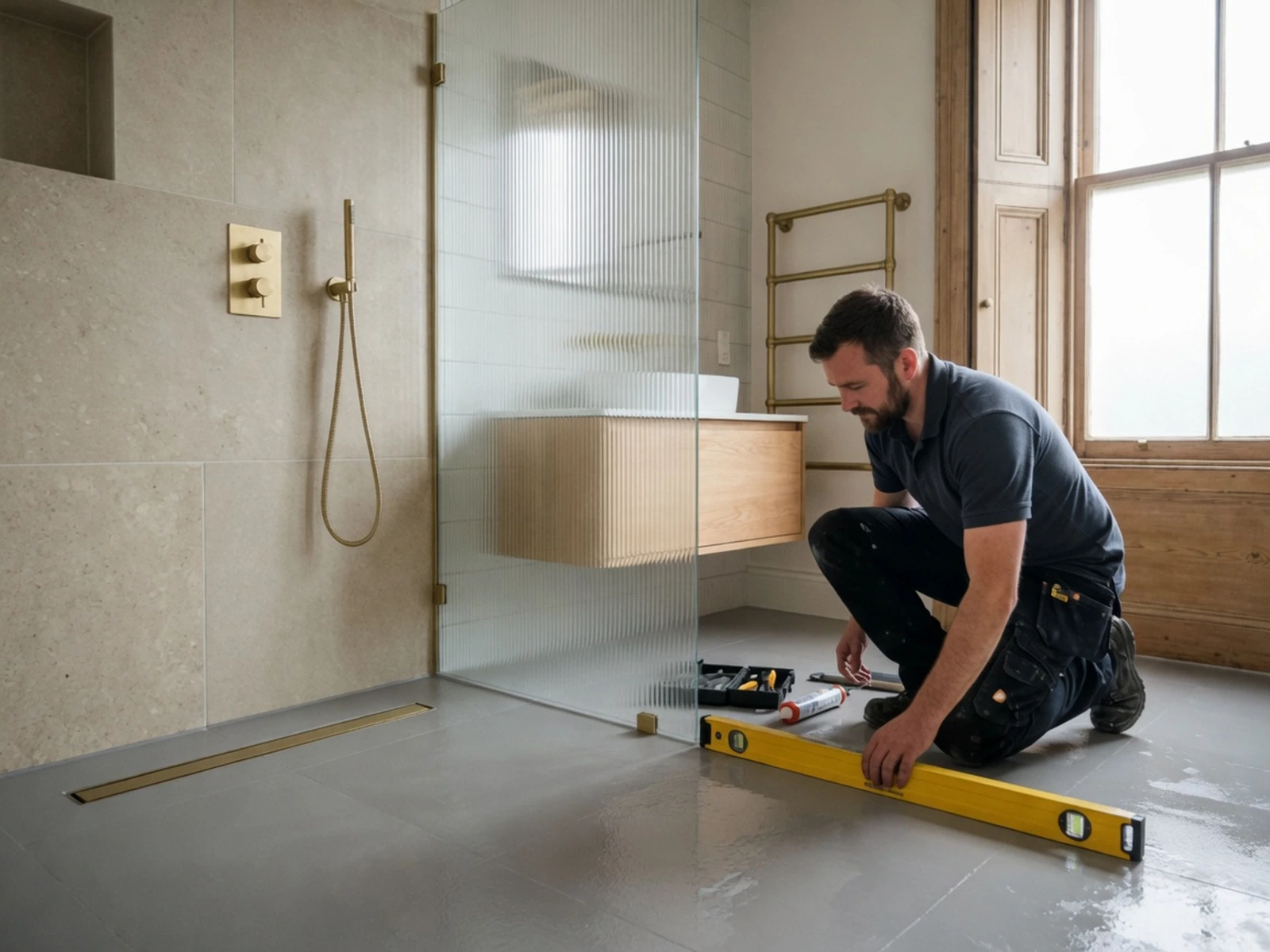 Mark Henderson checking 1:60 laser falls on a tanked wetroom floor with a spirit level
